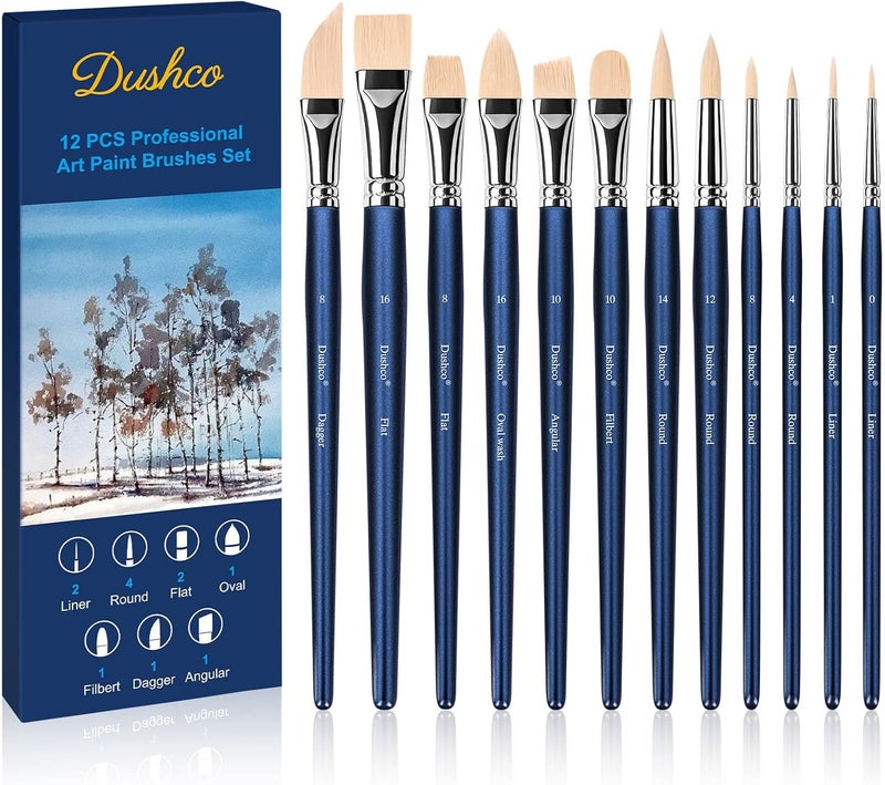 Dushco Artist Paint Brushes Set, 12 Pcs Watercolor Brushes Professional, Water Color Brushes - Round, Flat, Liner, Filbert, Angular, Oval Wash & Dagger for Acrylics, Ink, Watercolor, Gouache, Oil, Tempera - Image 1
